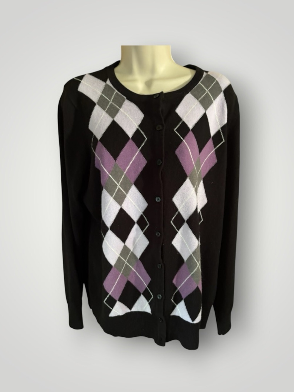 Black Lavender Gray Argyle Lightweight Button Down Cardigan Sweater Career XL - Picture 3 of 7